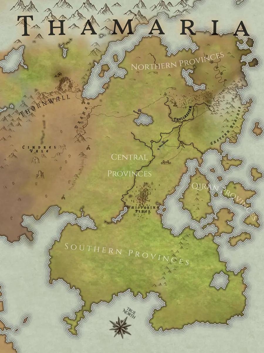 Map of Thamaria: the Northern, Central, and Southern Provinces, with Thornwall and Cindrel Vale to the west and the Qiran Provinces and Eastern Reaches to the east.